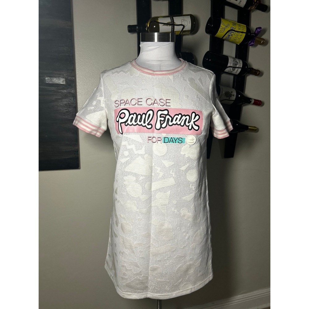 Rare Paul Frank Women Space Case For Days Graphic T-Shirt Dress White Pink Small